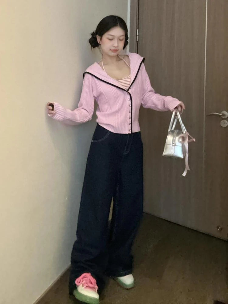 Y2k Pink Knitted Cardigan Sailor Collar Long Sleeve Sweater Women Korean Fashion Preppy Style Autumn Winter Cute Clothes