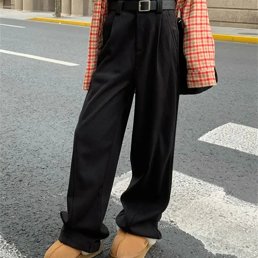 Chic Solid New Winter Pants Women Thicken Warm 2024 Work Wear Loose High Waist Straight All Match Streetwear Daily