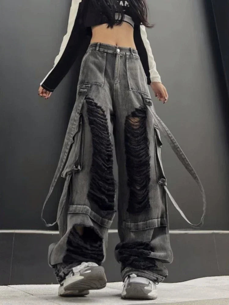 Black Ripped Jeans for Women Hip Hop Y2k Vintage Baggy Hole Do Old Wide Leg Cargo Denim Pants Streetwear Casual Bottoms