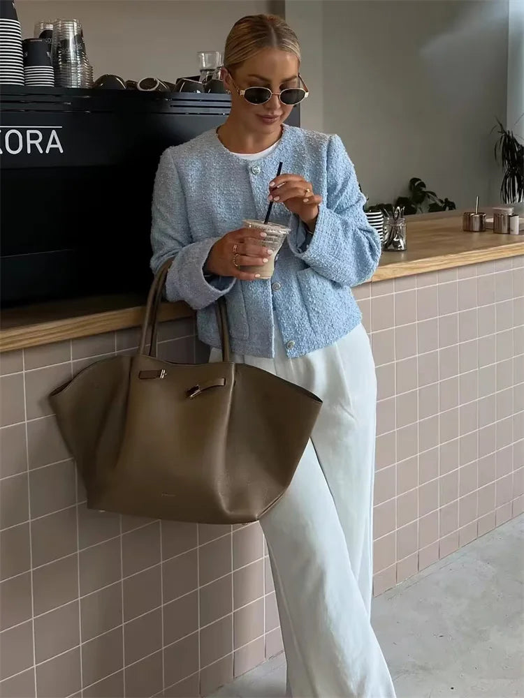 Autumn Casual Patchwork Cardigan Sweater Scoop Neck For Women Solid Pocket Elegant High Waist Outwear Fashion Female Coat