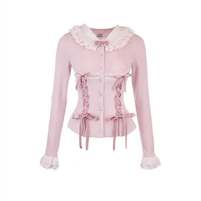 Women's Soft Sweater Cardigan 2024 New Autumn Bow Pearl Single Breasted Oneck Sweater Sweet Coat