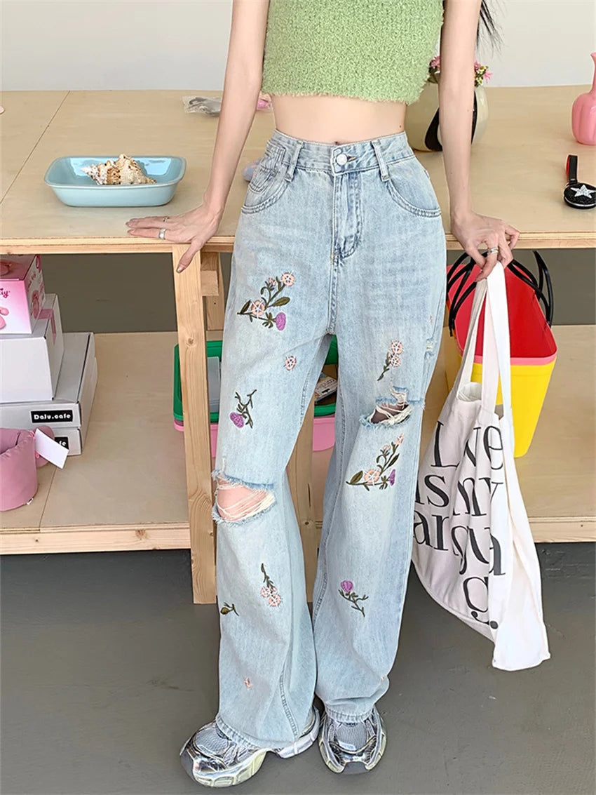 Women Embroidery Flowers Jeans Autumn OL Hole Chic Loose Fashion Slim New Straight Denim Streetwear Pants