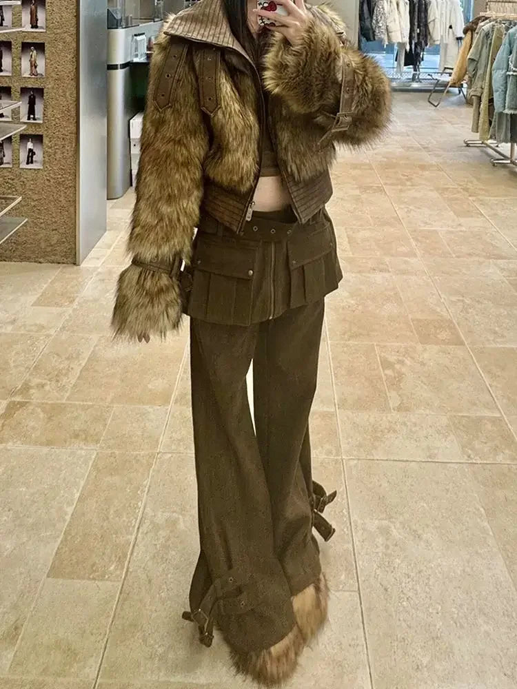 American Retro Oversized Detachable Pants Women's Clothing Autumn and Winter New Spicy Girl Fake Two Piece Spliced Flare Pants