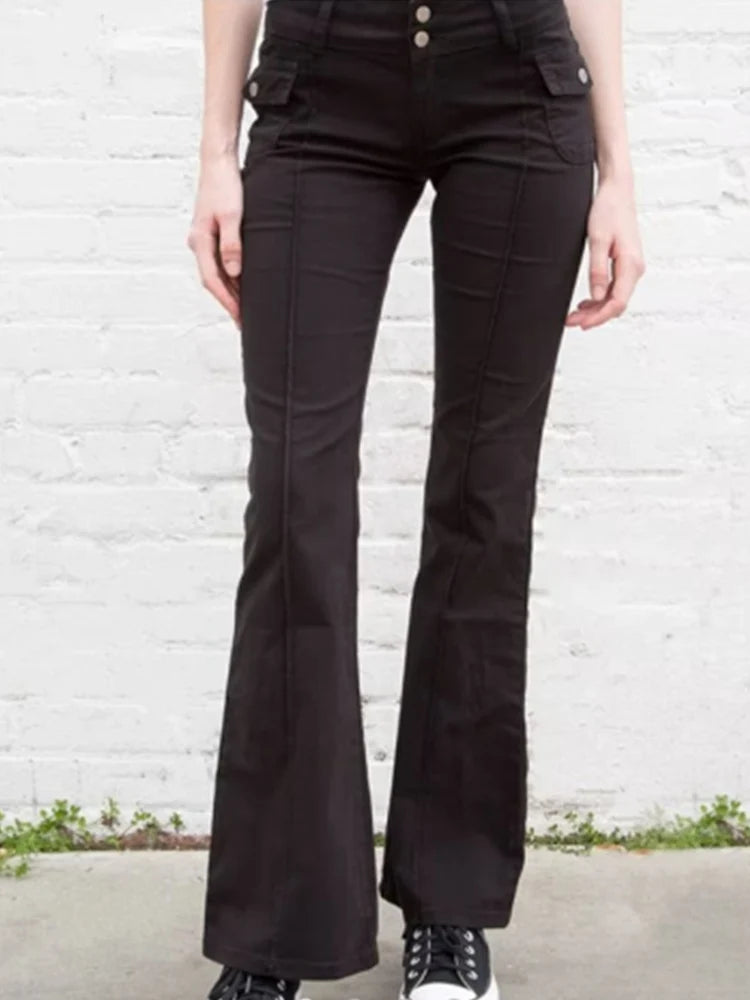 Casual Women Black Flared Pants Summer Fashion Ladies Low Waist Pockets Ornamnet Solid Color Pants Female Chic Bottoms