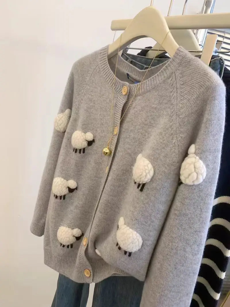 Sweet Hot Girl Threedimensional Lamb Knitted Cardigan Women's Autumnwinter Thickened Oneck Longsleeved Loose Sweater
