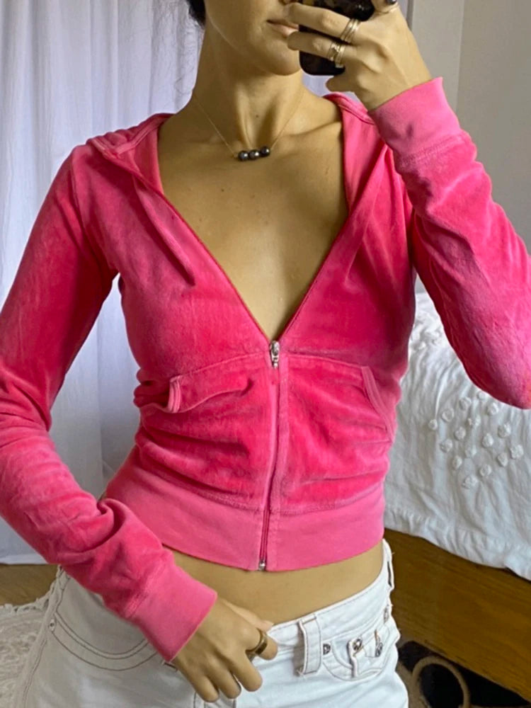 Casual Velvet Crop Top Winter Jacket Women Green Pink Zip Up Hoodies Coats Ladies Fashion Skinny Overcoat Streetwear