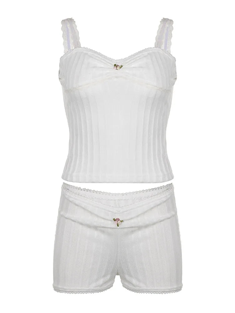 Woman Hot Pants Japanese Fashion Outfits Gyaru Tank Top Shorts Halter Top Sexy Sets Crochet New Trend Top Cute Core Chic