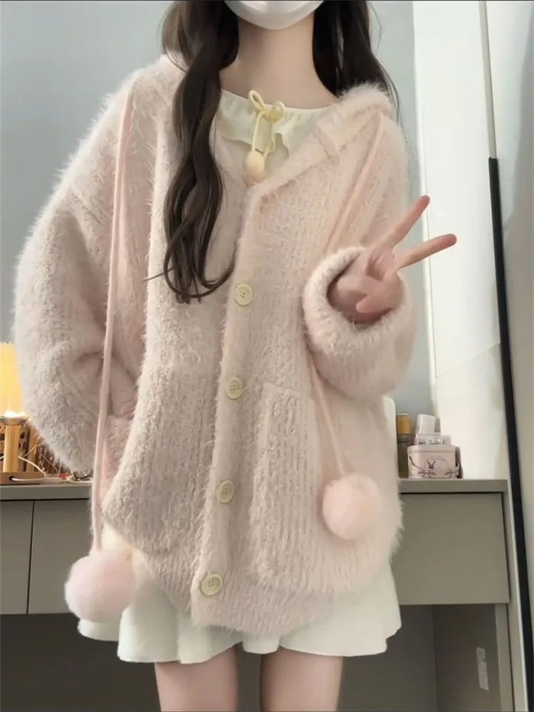 Sweater Women Sweet Furry Hooded Long Sleeve Loose Stretch Single Breasted Pockets Ball Drawstring Knitted Cardigan