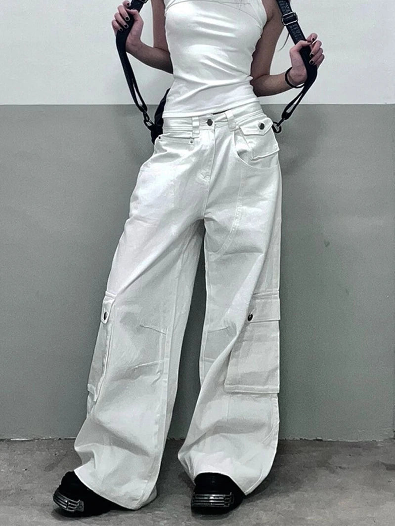 Summer White Womens Jeans High Waist Baggy Casual Vintage Y2K Trend Straight Cargo Pants Street American Wide Leg Denim Trouser