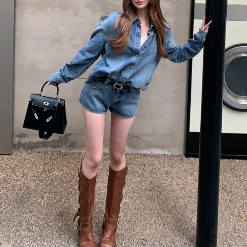 Autumn New Streetwear Washed Distressed Denim Loose Longsleeved Shirt Women + Casual Straight Pants Twopiece Suit