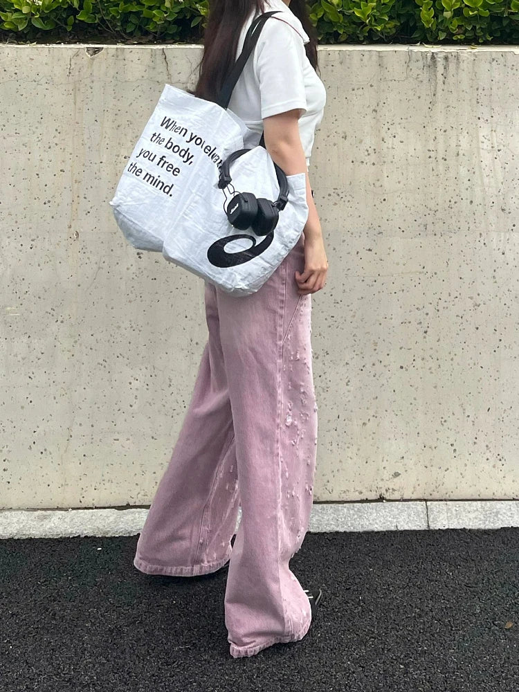 Woman Jeans Denim Pants French Elegance Baddie Gyaru High Street Ins Sweet Korean New Design Ripped Hole Solid Color Loose