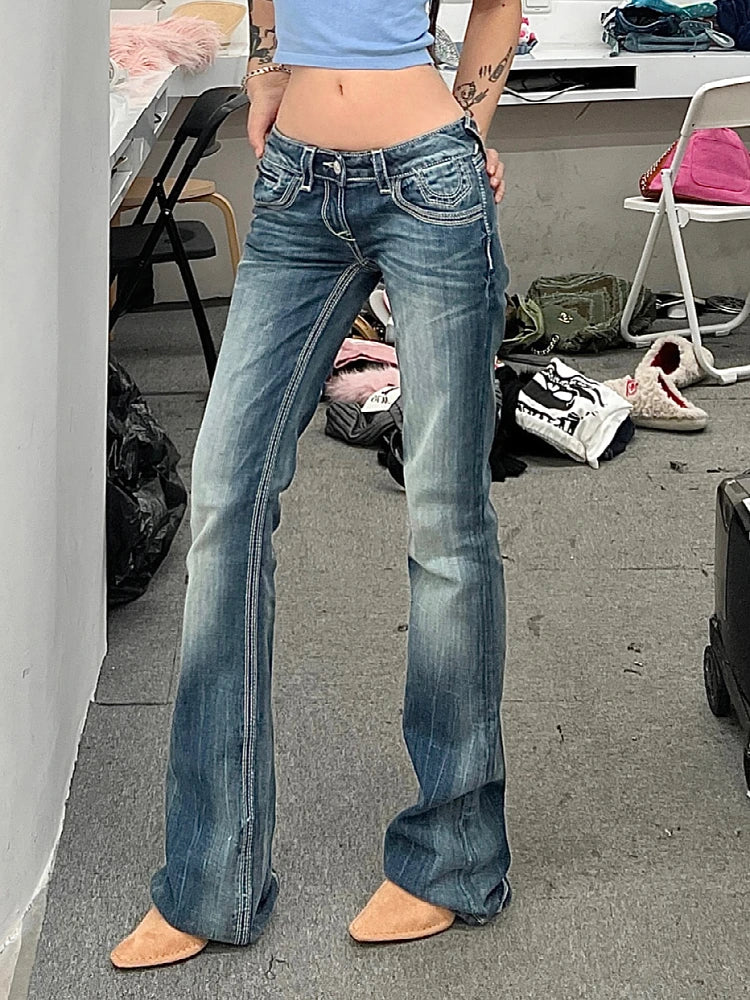 Woman Korean Jeans Chic Denim Streetwear Pants Allmatch Hot Y2k Office Lady Ins Wash Tiedyed Low Waist Tight Bodycon Casual