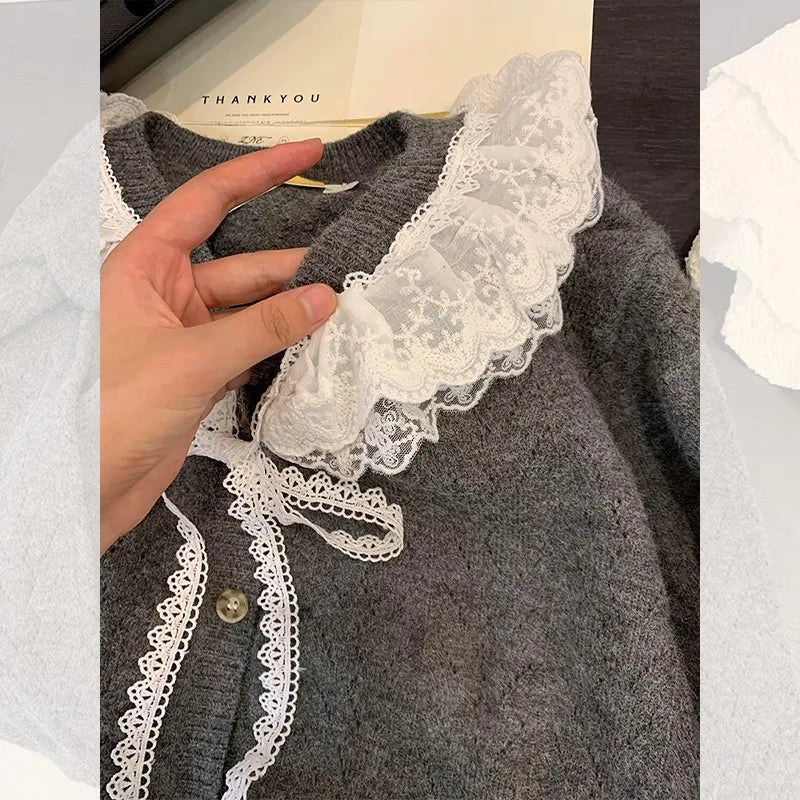 Sweet Fashion Kawaii Sweater Gray Lace Doll Neck Knit Cardigan Women's Clothing Autumnwinter Soft Lazy Vneck Coat
