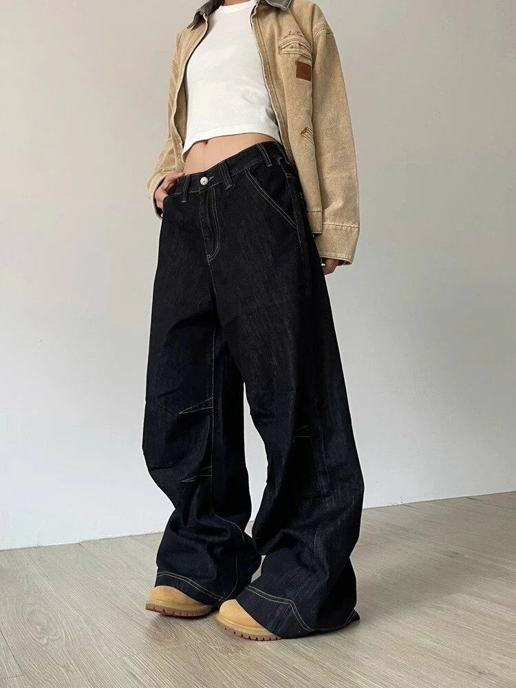 Y2k Denim Low Waist Jeans Women Harajuku Wide Leg Baggy Pants High Street Oversize American Retro Cargo Trousers Grunge