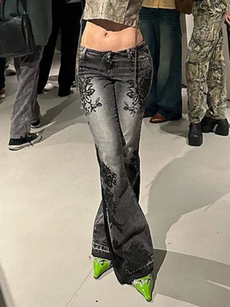 Y2K Vintage Flared Jeans Women Streetwear 2000s Floral Print Distressed Low Waist Slim Denim Pants Korean Retro Trousers