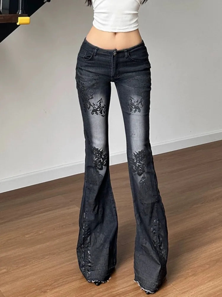 Y2K Vintage Flared Jeans Women Streetwear 2000s Floral Print Distressed Low Waist Slim Denim Pants Korean Retro Trousers