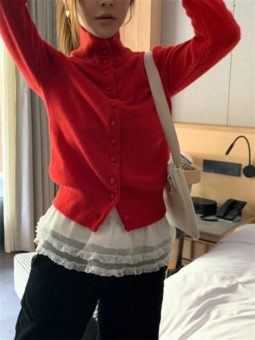 Vintage Red Sweaters Solid Knitted Loose Daily All Match Fashion Autumn 2024 Cardigans New Gentle Sweet Casual