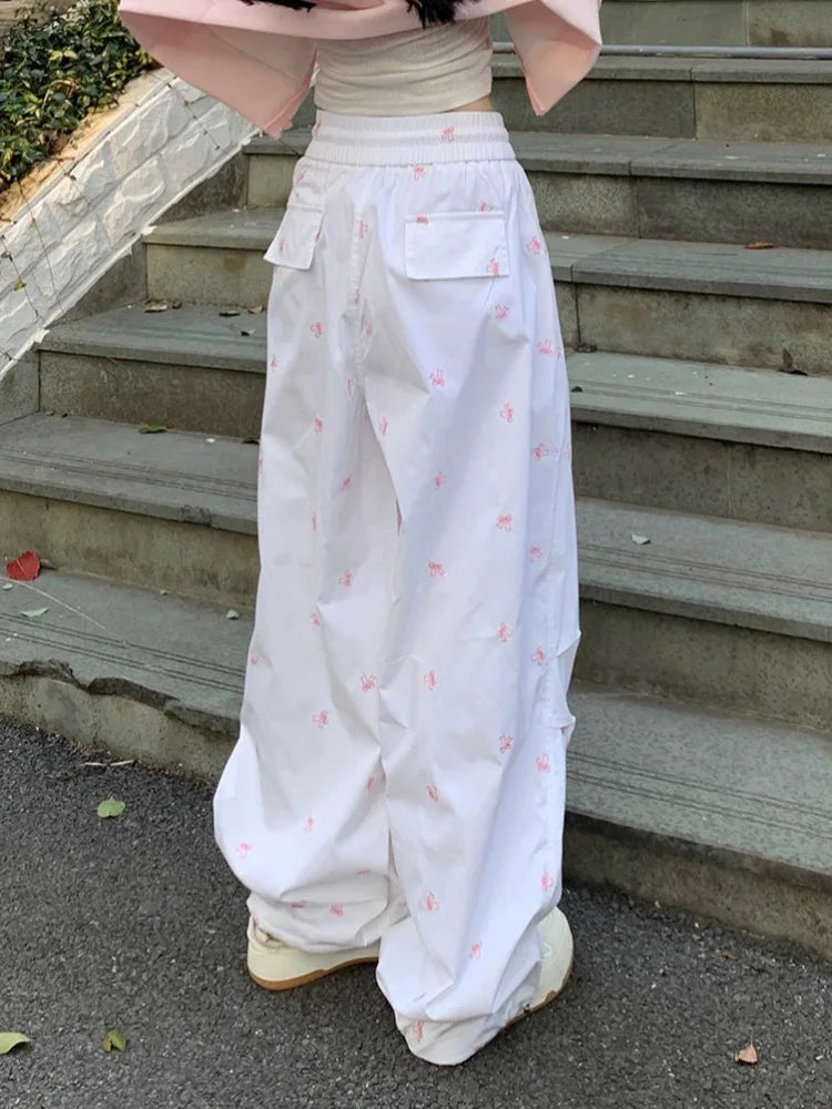 Y2k Parachute White Jogger Pants Women Baggy Bow Printed Sweatpants Hip Hop Streetwear Fashion Slouchy Sporty Bottoms