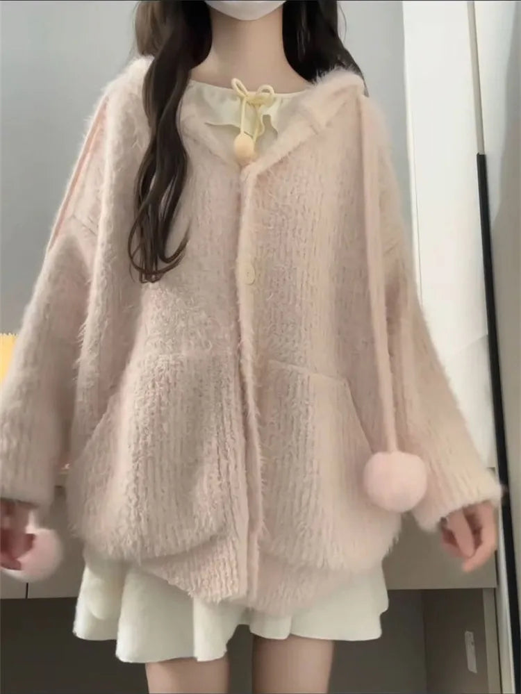 Sweater Women Sweet Furry Hooded Long Sleeve Loose Stretch Single Breasted Pockets Ball Drawstring Knitted Cardigan