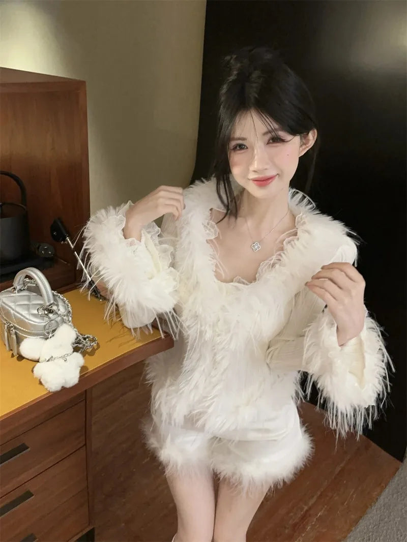 Sweet Hot Girl Pure Sexy Vneck Splicing Wooly Sweater Top women's Autumn and Winter Longsleeved Slim Cardigan Female Clothes
