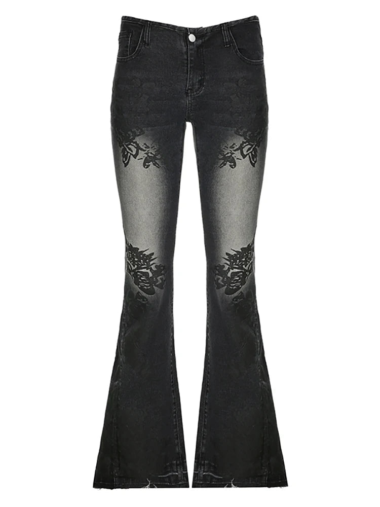 Y2K Vintage Flared Jeans Women Streetwear 2000s Floral Print Distressed Low Waist Slim Denim Pants Korean Retro Trousers