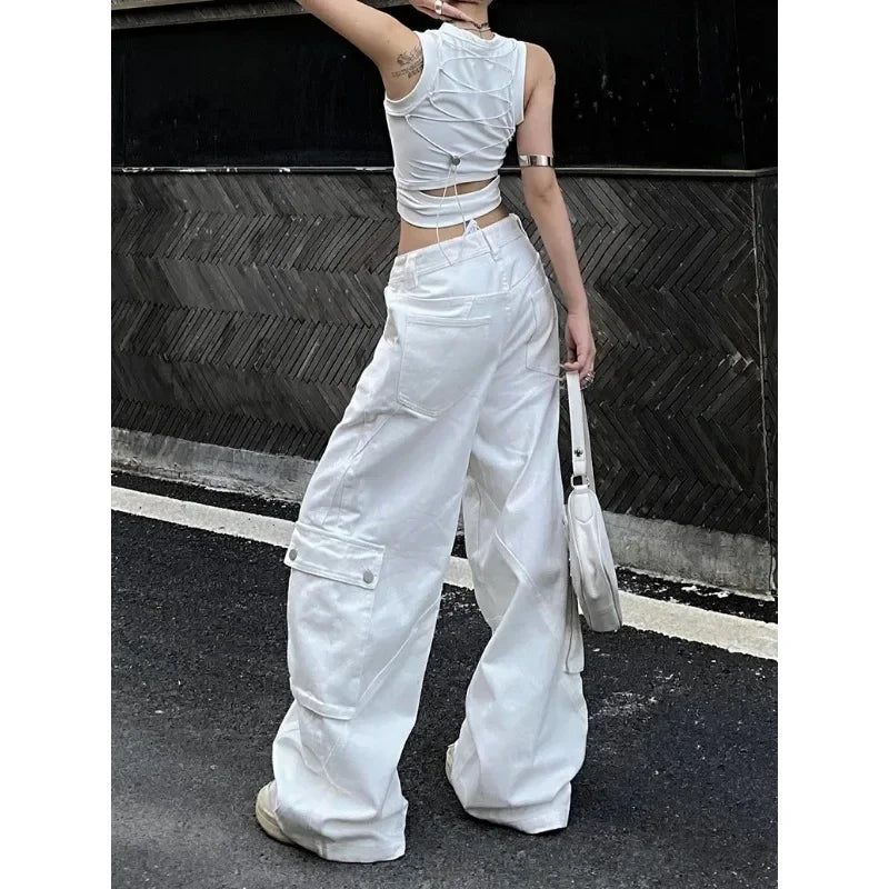 Baggy Vintage Cargo Jeans Woman Korean Fashion Casual Harajuku Wide Leg Denim Pants Basic Ladies Fashion White Trousers