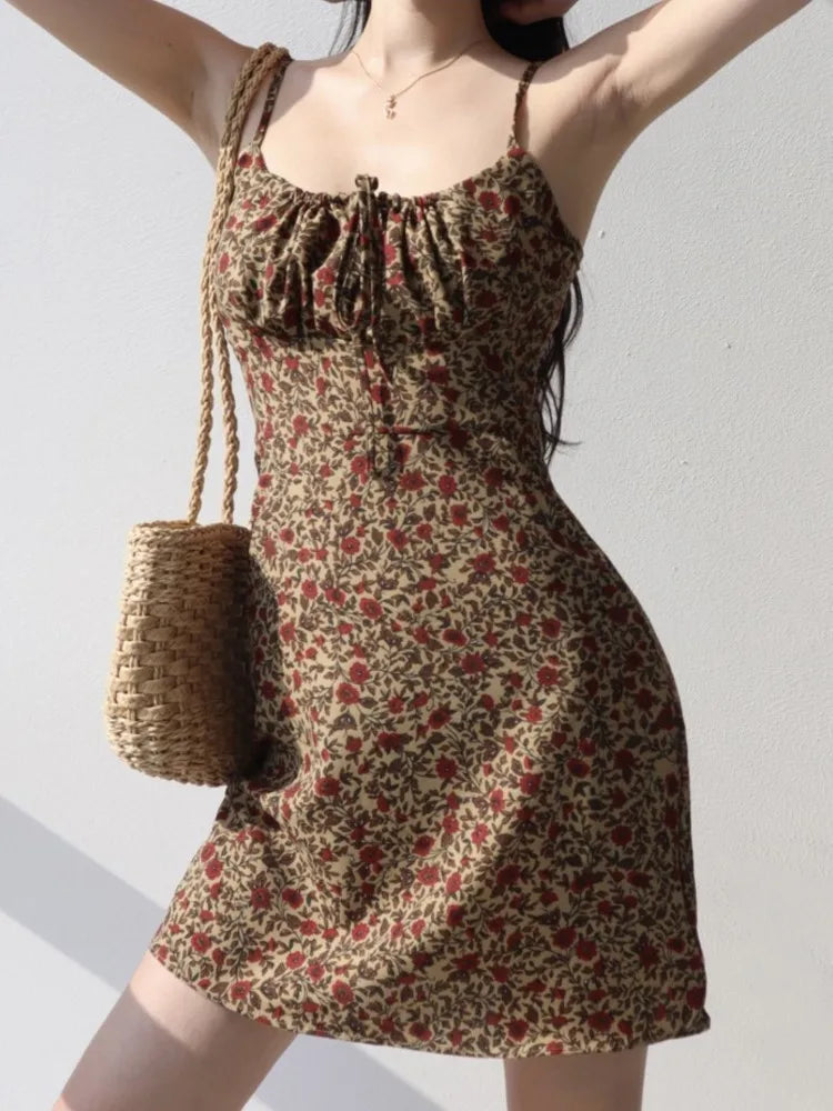 Summer Vintage Floral Print Dresses Women Casual Strap Laceup Beach Holiday Vestidos Female Backless Sleeveless Clothes