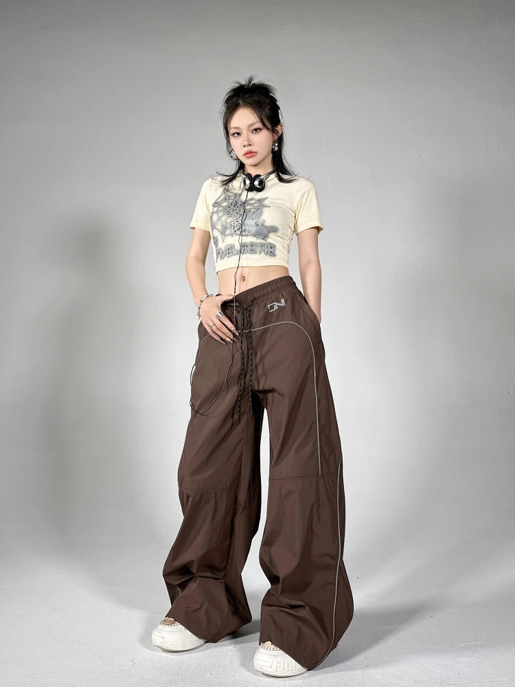 Women's Palazzo Pants Streetwear Fashion Reflective Stripe Jogger Wide Leg Trousers Y2k Baggy Sweatpants Female Pantalon