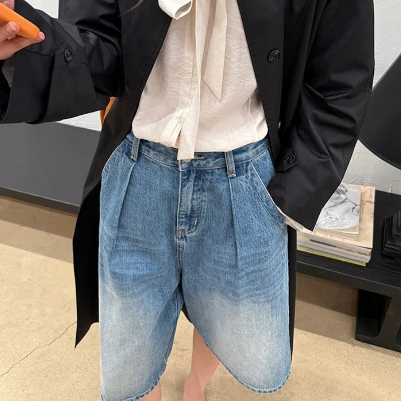 Vintage Washed Women's Denim Wide Leg Shorts Summer Loose High Waist Blue Casual Straight Half Pants Female