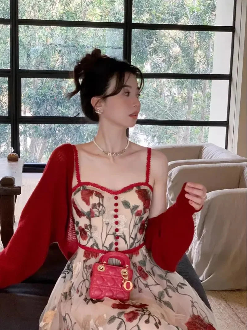 Sweet Hot Girl Suit Women's Autumn Red Longsleeved Cardigan Embroidery Floral Strap Dress Twopiece Set Fashion Female Clothes