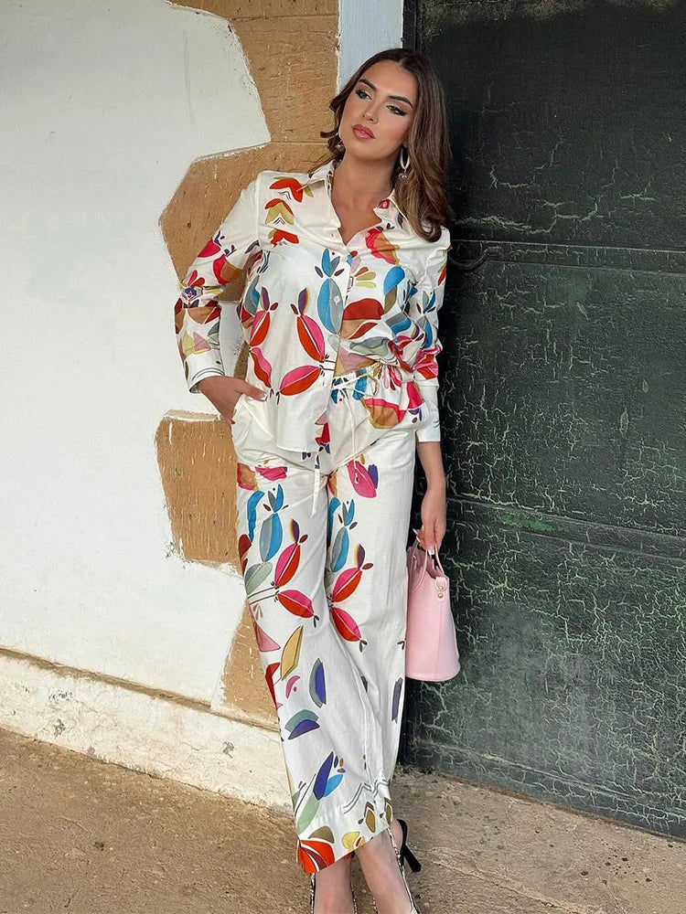 Women Spring Fashion Suit Vintage Printed Lapel Long Sleeves Single Breasted Shirts Female Elastic Waist Wide Leg Pants