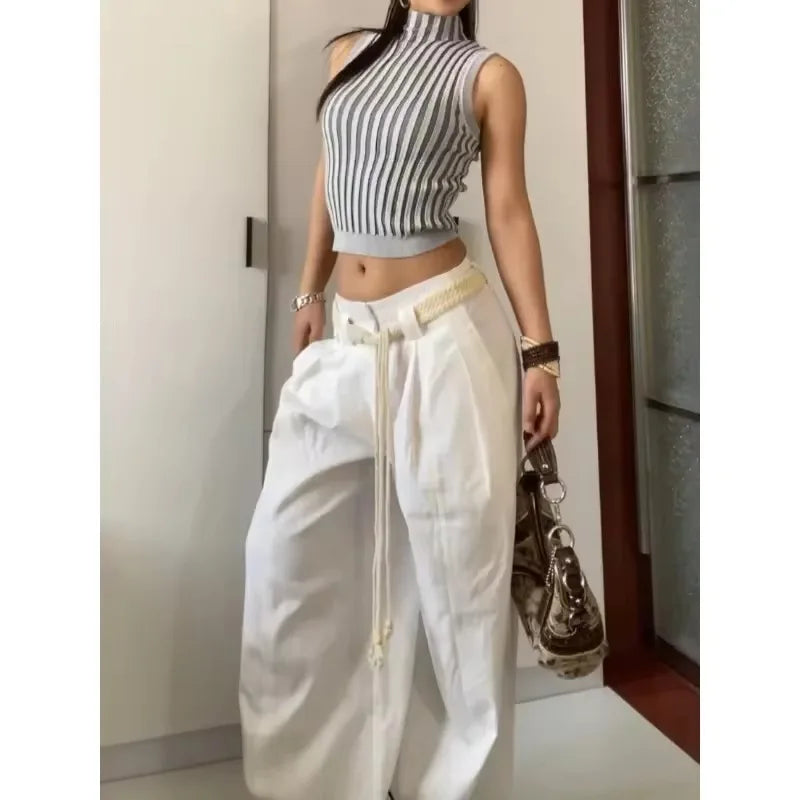 American Retro Pleated Draping Casual White Pants Women Autumn New Streetwear Loose Allmatch Wide Leg Pants with Belt