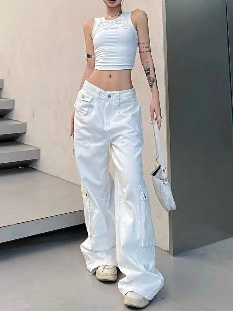 Women Low Waist Denim Pants Y2k Vintage Loose Korean Style Straight Wide Leg Cargo Jeans Harajuku Causal Ladies Trousers