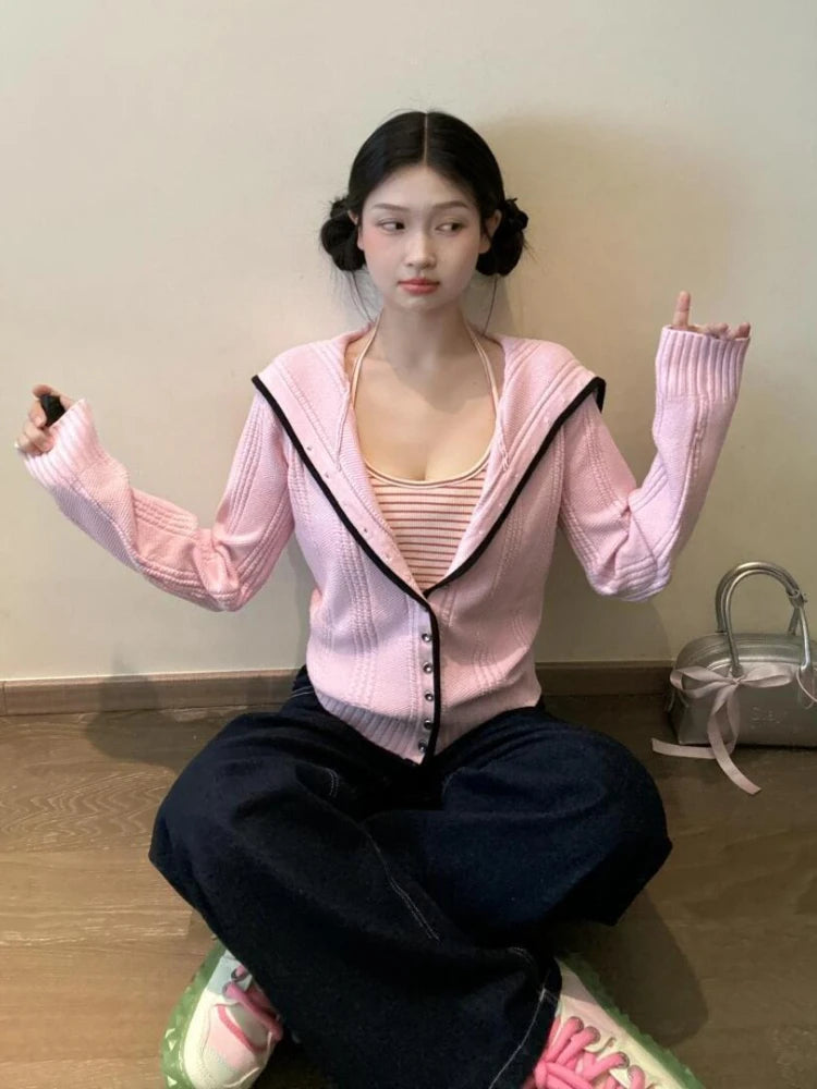 Y2k Pink Knitted Cardigan Sailor Collar Long Sleeve Sweater Women Korean Fashion Preppy Style Autumn Winter Cute Clothes