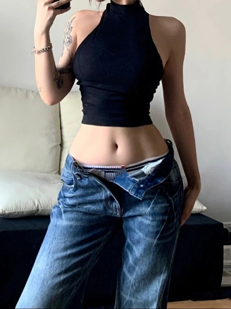 Women Korean Fashion Vintage Classical Chic Jeans Straight Leg Simple Jeans Grunge Harajuku Blue Denim Pants Y2k Tide Aesthetic