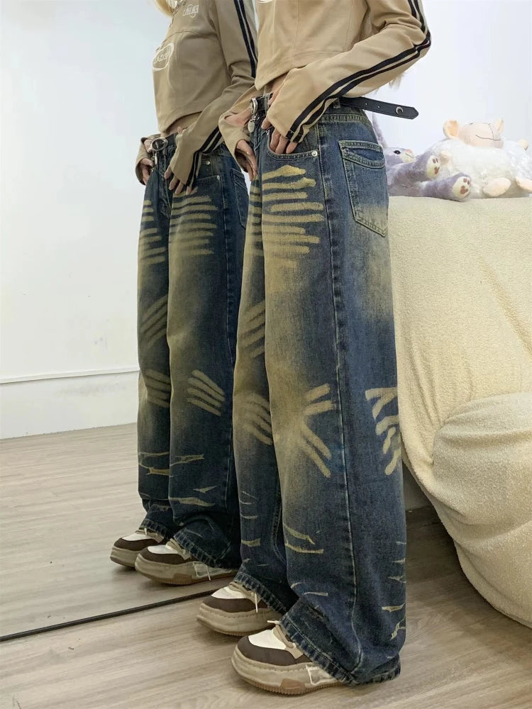 Y2k Oversized Vintage Jeans Woman Hip Hop Blue Vintage Fashion Kpop Wide Leg High Waist Denim Pants Causal Bottoms Mujer