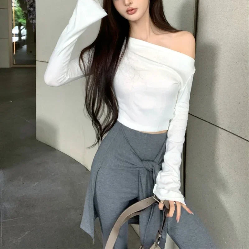 Autumn New Skew Collar Strapless Casual Long Sleeve Tshirt Women + Pleated Laceup Sexy Slim Wide Leg Pants Twopiece Suit