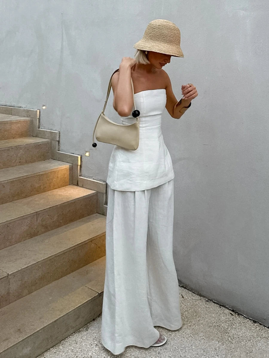 White Simple Wide Leg Pants Sets Women Summer New Off Shoulder Sleeveless Tube Tops Streetwear Fashion Casual Pants 2 Piece Set