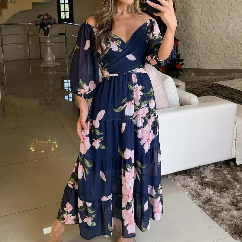 Women Chic Half Sleeve Swing Beach Long Dress 2024 Female Draped Loose Party Dress Elegant Floral Print Off Shoulder Pleat Dress