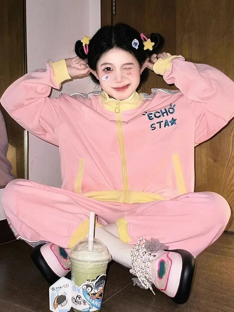 Y2k Set Women Vintage Autumn Zipper Jakcet+Joggers Pants Embroidered Letter Loose Korean 2 Pieces Sets Spring Autumn