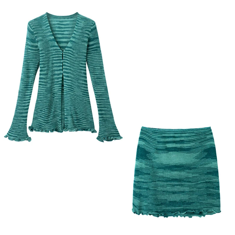 Y2k Orange Striped Suit Fungus Edge Longsleeved Knitted Cardigan Women's Autumn Short Skirt 2piece Set