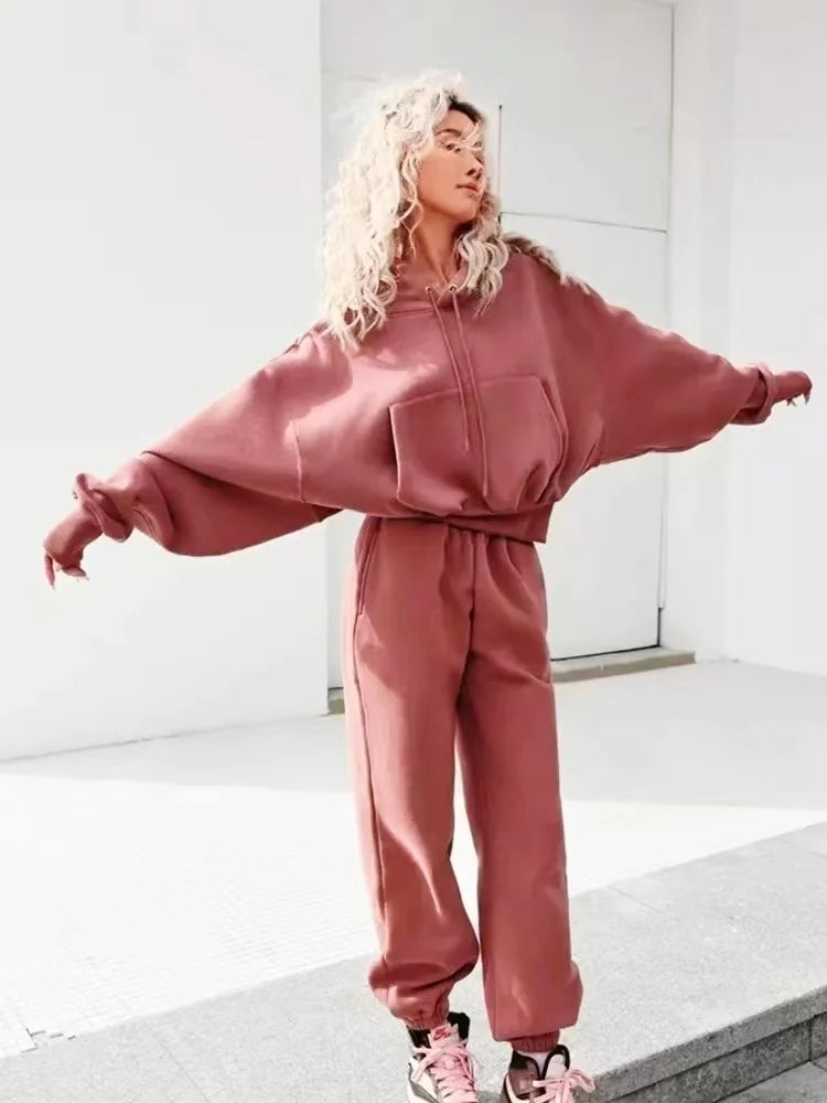 Casual New Fashion Hoodies Suit Women Winter Spring Solid Tracksuit Two Pieces Set Sports Pullover Sweatpants Sweatshirt Mujer