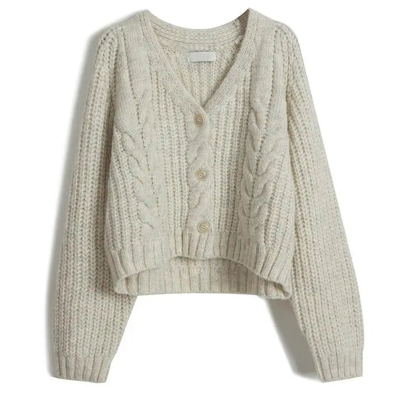 Women Solid Long Sleeve Cardigan Crochet Sweater Autumn Winter Casual Korean Vneck Single Breasted Short Tops Chic Streetwear