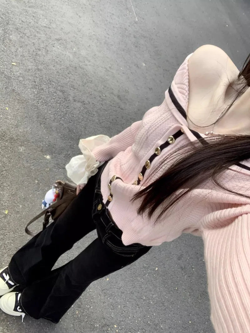 Sweet Hot Girl Pink Off Shoulder Longsleeved Sweater Women's Autumn Sailor Collar Knitted Cardigan Top Fashion Female Clothes