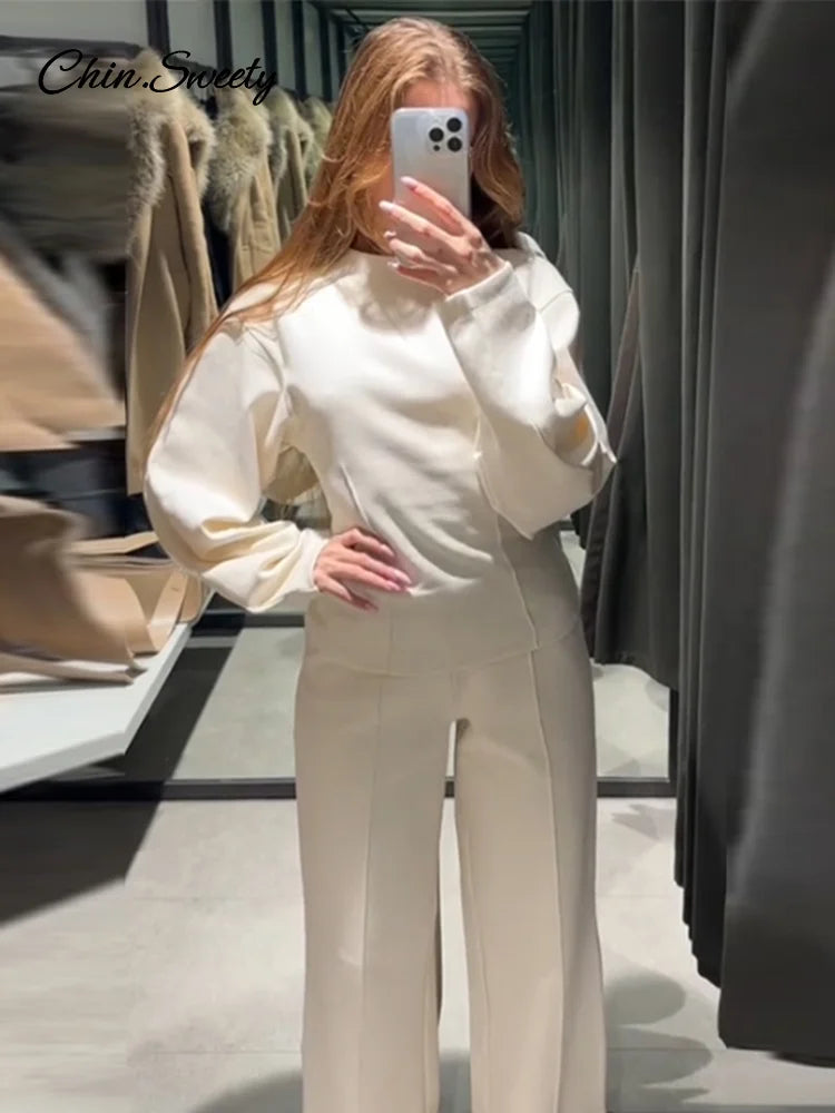 Casual Women’s 2-piece Solid Pants Sets Long Sleeve O-neck Sweatshirts Wide Leg Pleated Trousers Autumn Lady Lazy Tracksuit