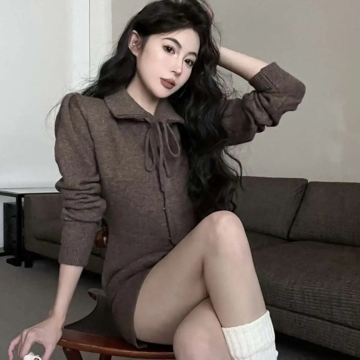 Sweet Hot Girl Casual Suit Women's Spring Turndown Collar Knitted Cardigan High Waisted Shorts Twopiece Set Female Clothes