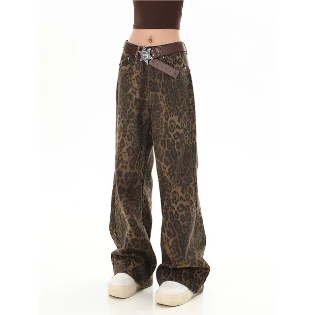 American Retro High Street Casual Overalls Leopard Print Loose Wide Leg Pants For Women Y2k Hiphop Cargo Grunge Baggy Trousers