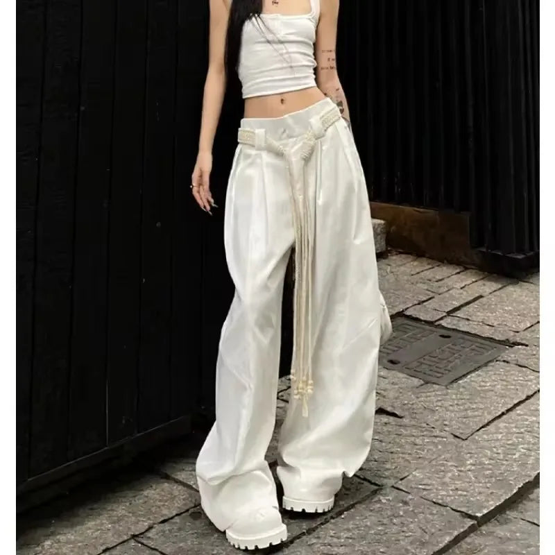 American Retro Pleated Draping Casual White Pants Women Autumn New Streetwear Loose Allmatch Wide Leg Pants with Belt