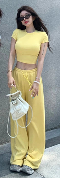 Sweet Hot Girl Casual Suit Women's Summer Slim Fit Oneck Shortsleeved Tshirt Wide Leg Long Pants Twopiece Set Female Clothes