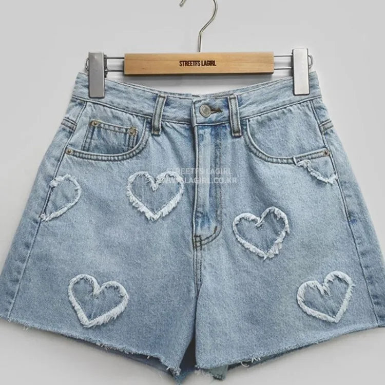 Sweet Cute Fur Heart Pattern Denim Shorts for Women Y2k High Waist Loose Straight Short Pants 2025 Summer New Wide Leg Shorts